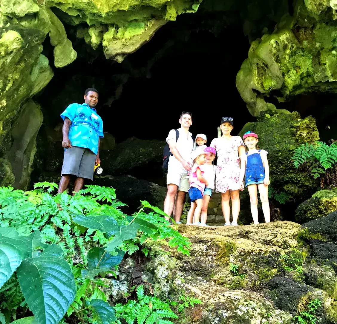 Brightly and visitors at the entrance to the Freshwater Plantation bat cave