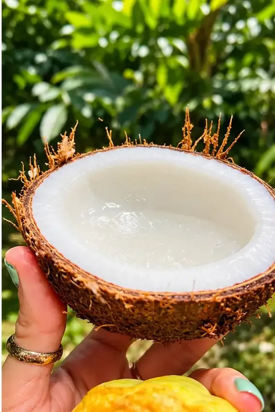 Freshly opened coconut showing its white flesh at the plantation