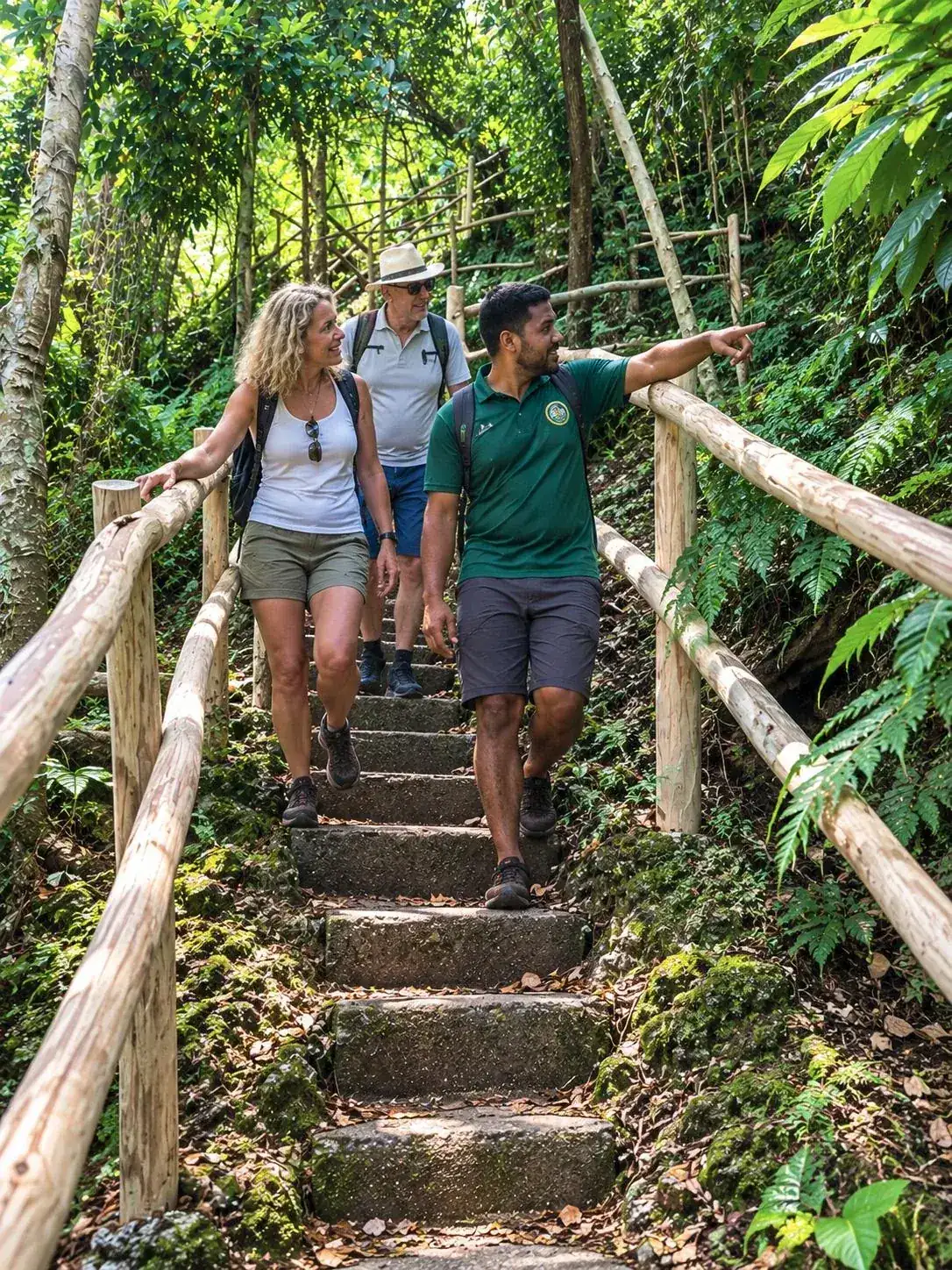 Guests exploring the tropical plantation stairway with a local guide